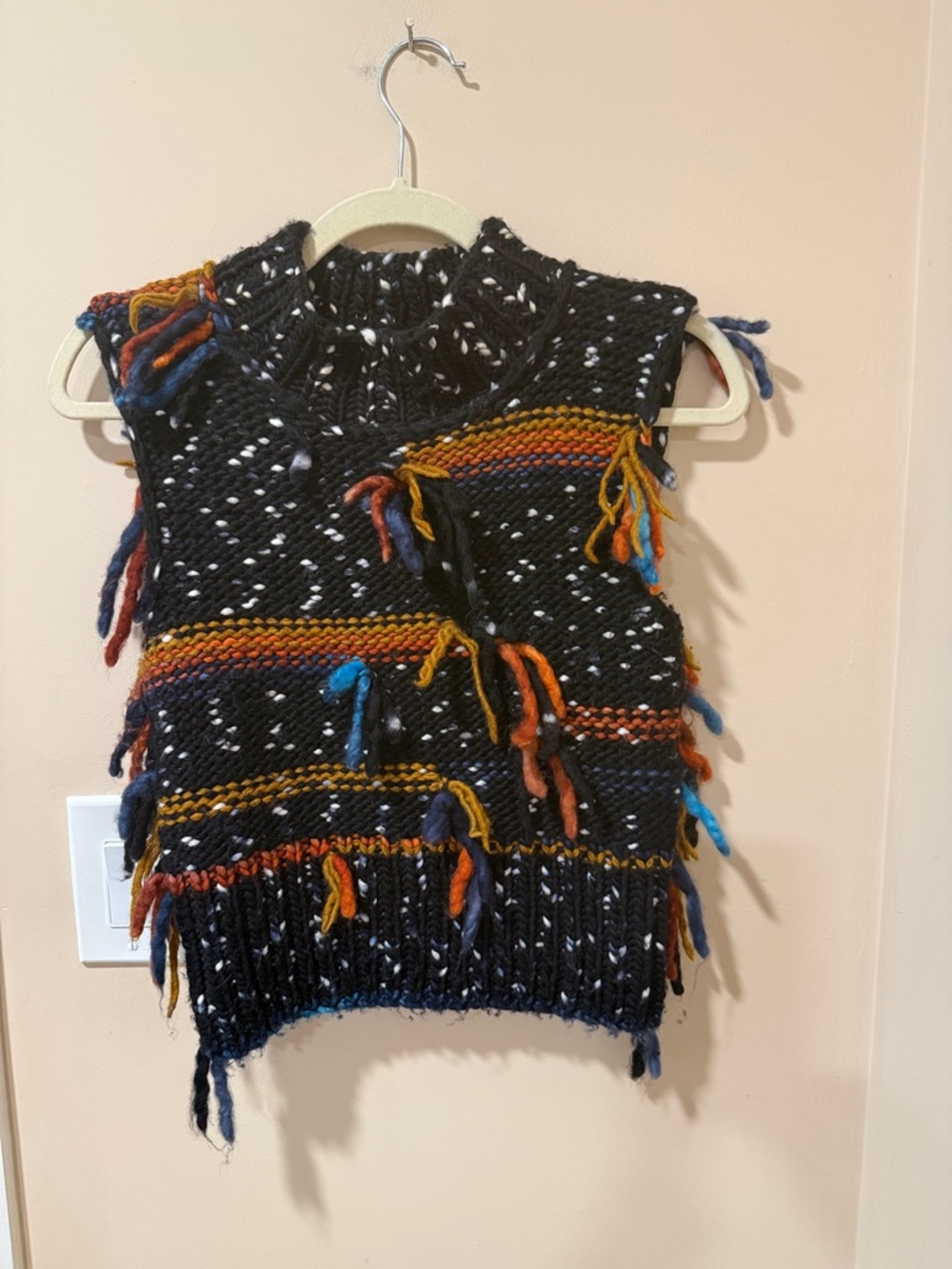 Sea New York Black Knit Fringe Sweater Vest with Multicolor Stripes